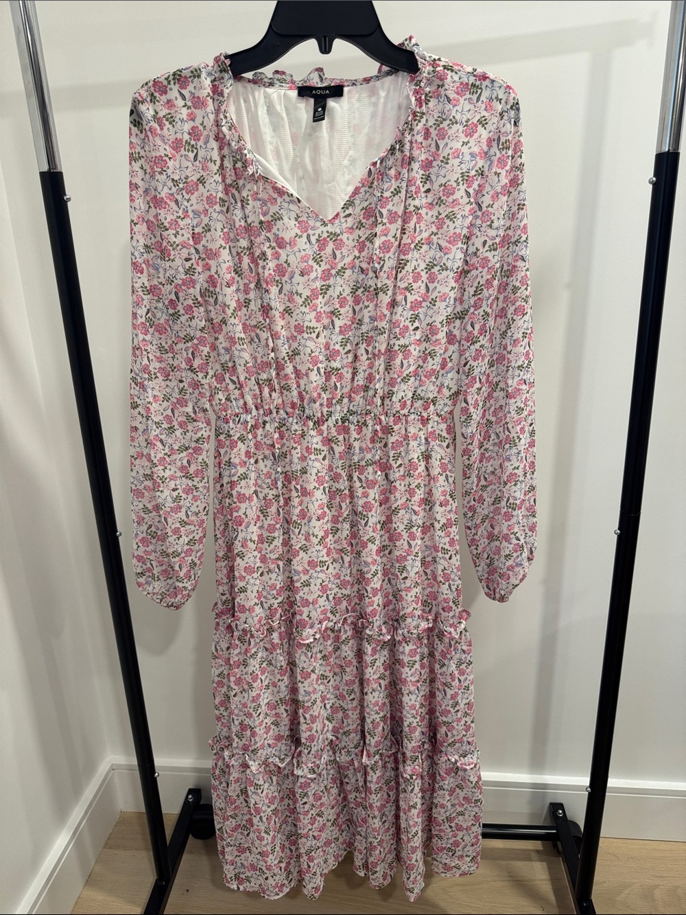 Aqua Pink and White Floral Tiered Long-Sleeve Dress
